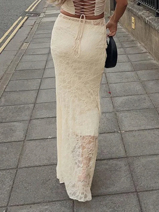 Lace Mesh Splice Long Skirts For Women 2025 See Through Sexy High Waist Maxi Skirt Femme Club Hollow Out Skirts Ladies