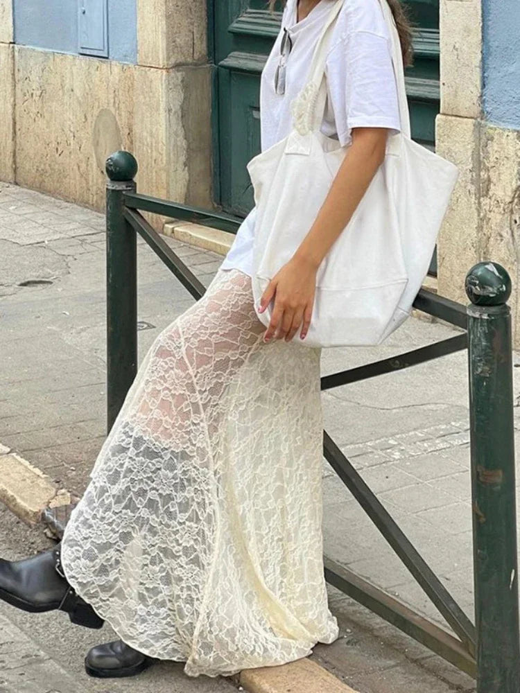 Lace Mesh Splice Long Skirts For Women 2025 See Through Sexy High Waist Maxi Skirt Femme Club Hollow Out Skirts Ladies