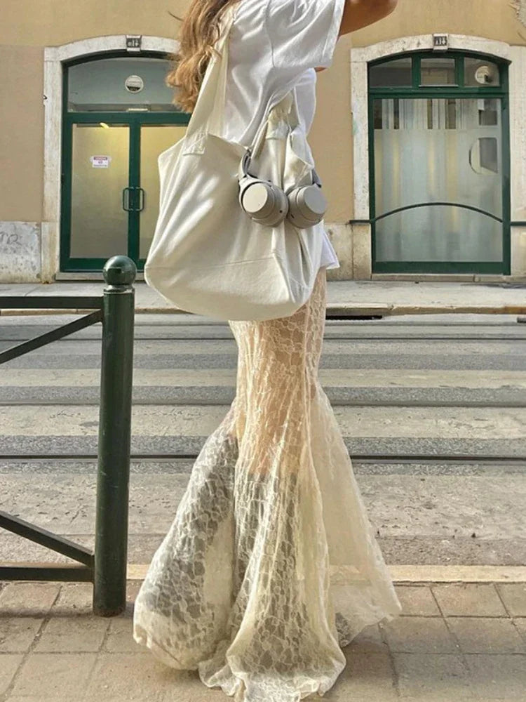 Lace Mesh Splice Long Skirts For Women 2025 See Through Sexy High Waist Maxi Skirt Femme Club Hollow Out Skirts Ladies