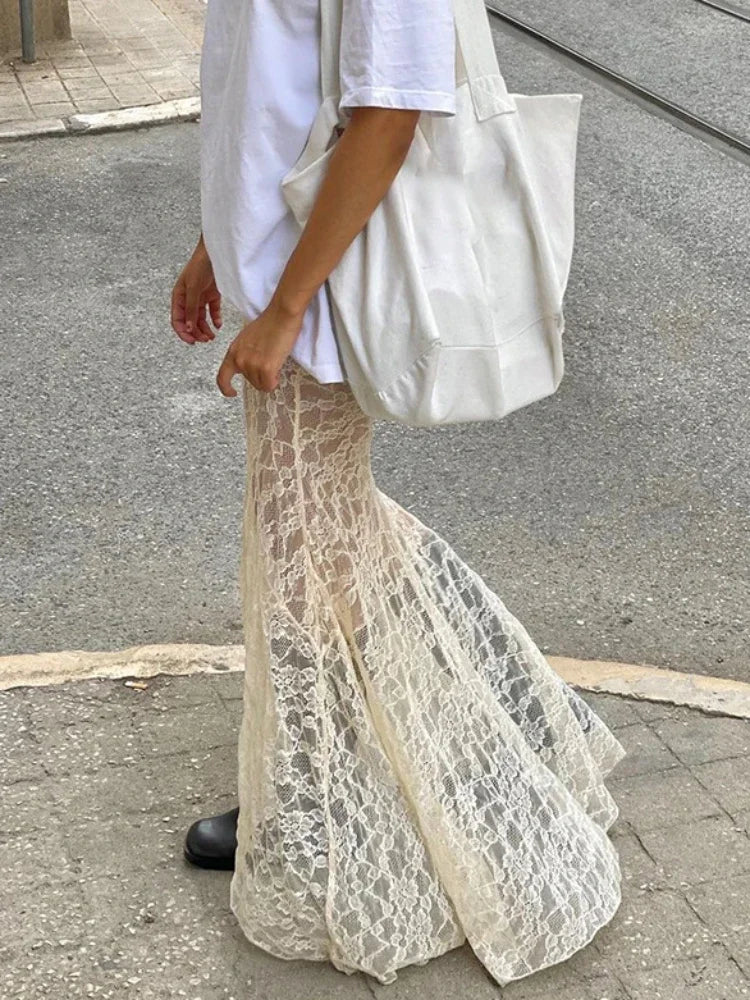 Lace Mesh Splice Long Skirts For Women 2025 See Through Sexy High Waist Maxi Skirt Femme Club Hollow Out Skirts Ladies
