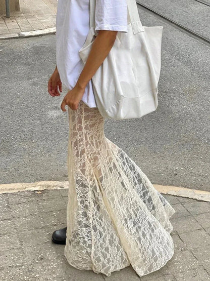 Lace Mesh Splice Long Skirts For Women 2025 See Through Sexy High Waist Maxi Skirt Femme Club Hollow Out Skirts Ladies