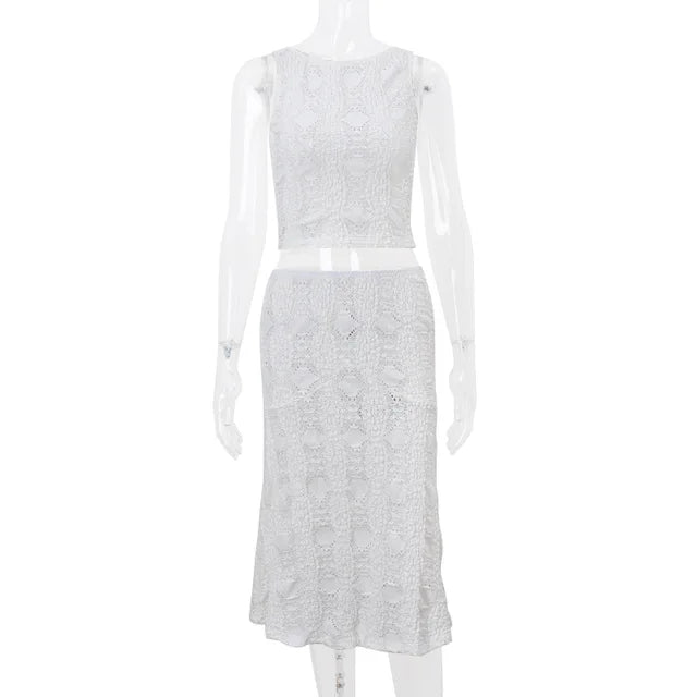 Conjunto de 2 piezas de falda de encaje para mujer, top corto blanco ajustado sin mangas, falda playera informal para vacaciones, ropa de verano para mujer