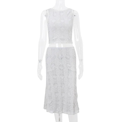 Conjunto de 2 piezas de falda de encaje para mujer, top corto blanco ajustado sin mangas, falda playera informal para vacaciones, ropa de verano para mujer