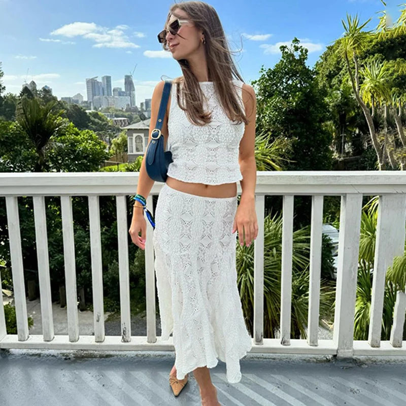 Conjunto de 2 piezas de falda de encaje para mujer, top corto blanco ajustado sin mangas, falda playera informal para vacaciones, ropa de verano para mujer