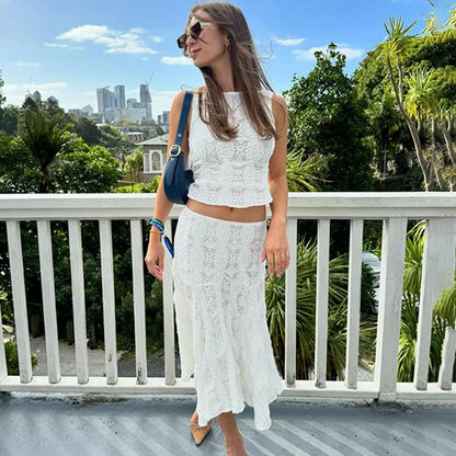 Conjunto de 2 piezas de falda de encaje para mujer, top corto blanco ajustado sin mangas, falda playera informal para vacaciones, ropa de verano para mujer