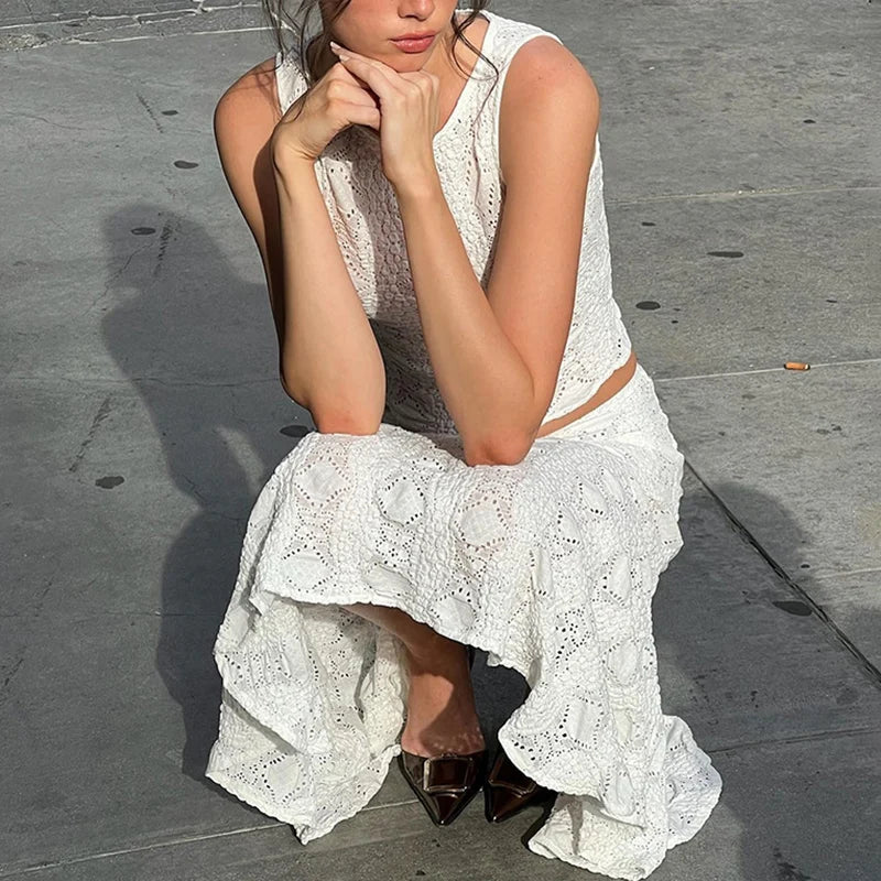 Conjunto de 2 piezas de falda de encaje para mujer, top corto blanco ajustado sin mangas, falda playera informal para vacaciones, ropa de verano para mujer