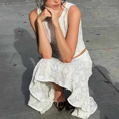 Conjunto de 2 piezas de falda de encaje para mujer, top corto blanco ajustado sin mangas, falda playera informal para vacaciones, ropa de verano para mujer