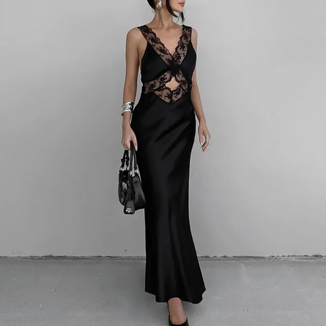 Vestidos largos ajustados de encaje para mujer, ropa con escote en V profundo, sexy, de cintura alta, para fiesta, de noche, 2025