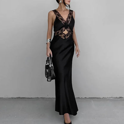 Vestidos largos ajustados de encaje para mujer, ropa con escote en V profundo, sexy, de cintura alta, para fiesta, de noche, 2025
