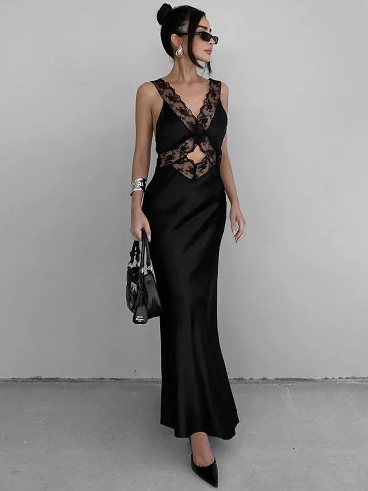 Vestidos largos ajustados de encaje para mujer, ropa con escote en V profundo, sexy, de cintura alta, para fiesta, de noche, 2025