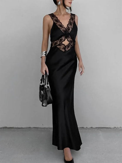 Vestidos largos ajustados de encaje para mujer, ropa con escote en V profundo, sexy, de cintura alta, para fiesta, de noche, 2025