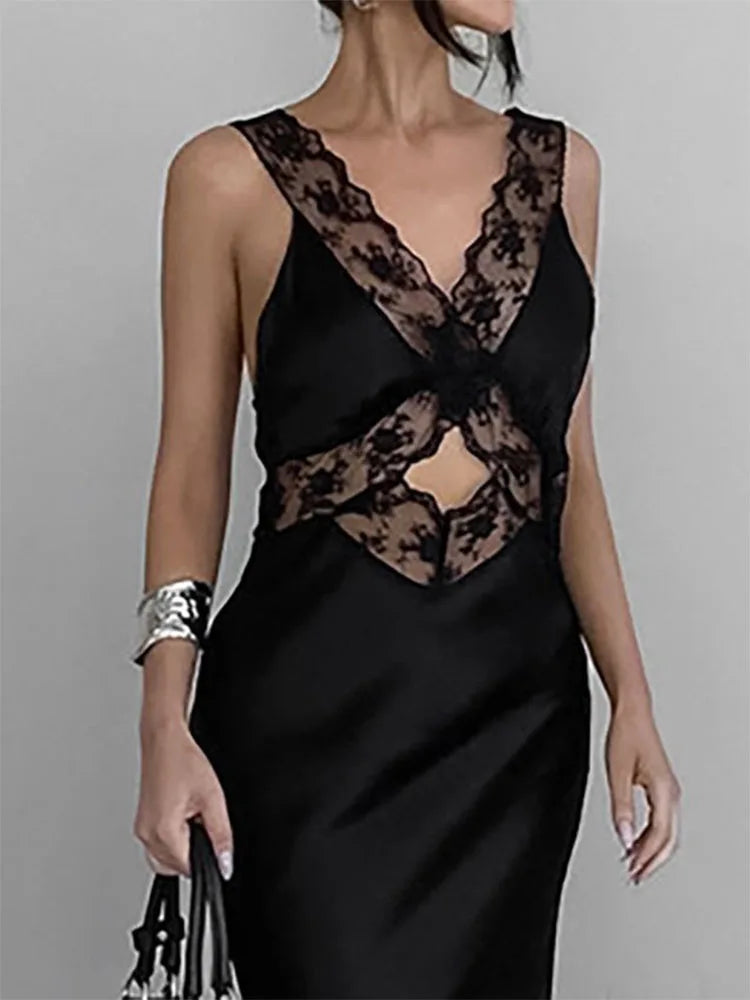 Vestidos largos ajustados de encaje para mujer, ropa con escote en V profundo, sexy, de cintura alta, para fiesta, de noche, 2025