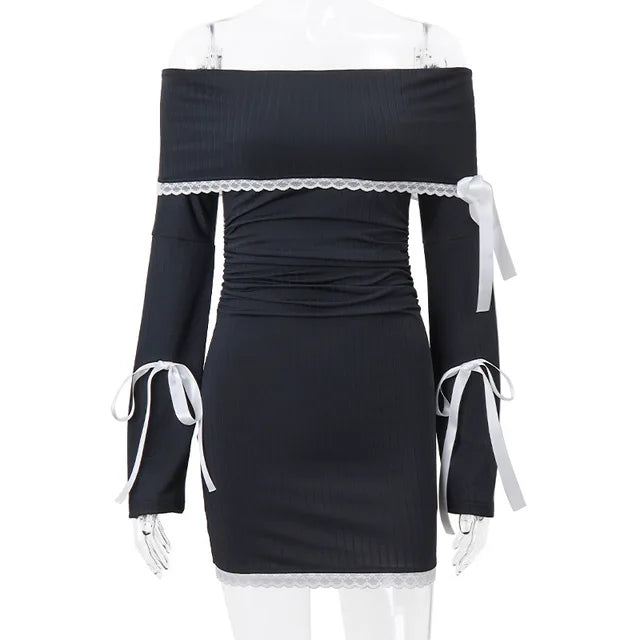 Vestido mini de encaje con empalme para mujer, sexy, con hombros descubiertos, ajustado, con ribetes, informal, ajustado