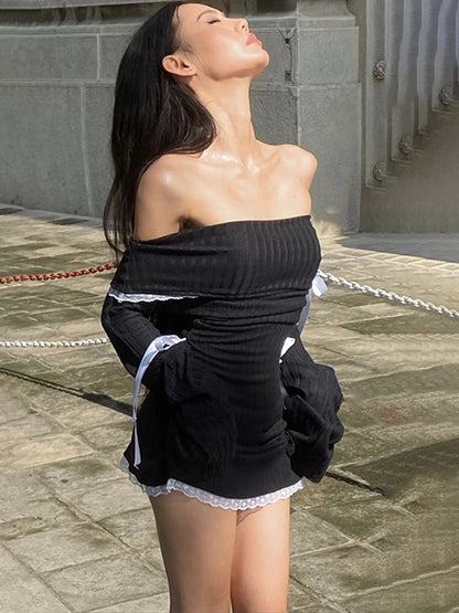 Vestido mini de encaje con empalme para mujer, sexy, con hombros descubiertos, ajustado, con ribetes, informal, ajustado