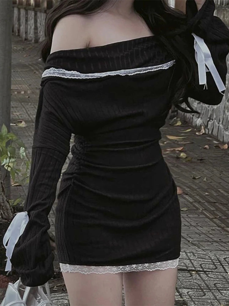 Vestido mini de encaje con empalme para mujer, sexy, con hombros descubiertos, ajustado, con ribetes, informal, ajustado