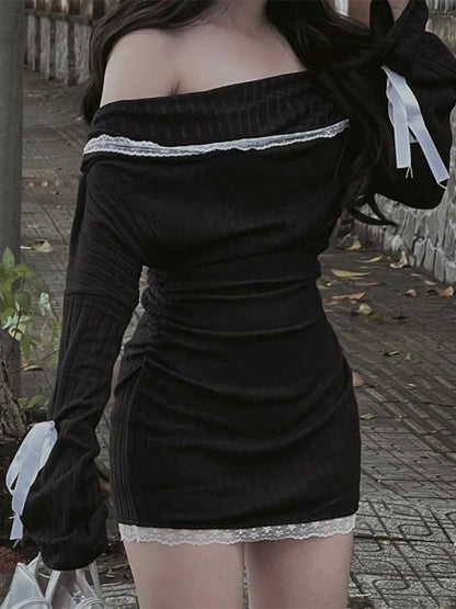 Vestido mini de encaje con empalme para mujer, sexy, con hombros descubiertos, ajustado, con ribetes, informal, ajustado