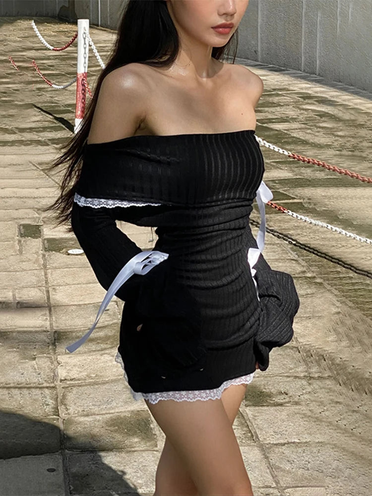 Vestido mini de encaje con empalme para mujer, sexy, con hombros descubiertos, ajustado, con ribetes, informal, ajustado