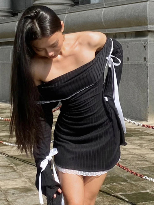 Vestido mini de encaje con empalme para mujer, sexy, con hombros descubiertos, ajustado, con ribetes, informal, ajustado