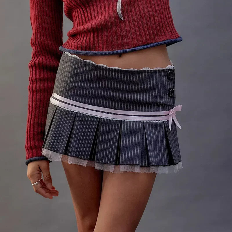 Minifaldas con encaje para mujer, faldas con lazo, estilo vendaje, con pliegues, informales, de invierno, con cordones y cintura alta.