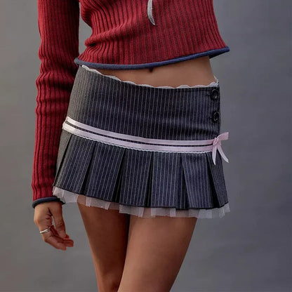Minifaldas con encaje para mujer, faldas con lazo, estilo vendaje, con pliegues, informales, de invierno, con cordones y cintura alta.