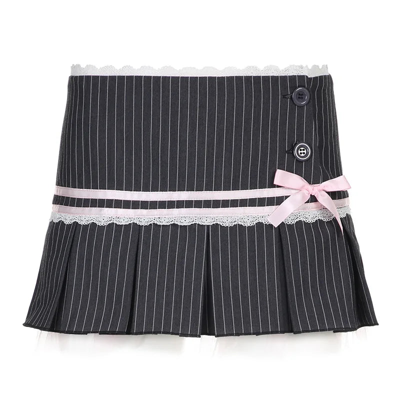 Minifaldas con encaje para mujer, faldas con lazo, estilo vendaje, con pliegues, informales, de invierno, con cordones y cintura alta.