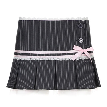 Minifaldas con encaje para mujer, faldas con lazo, estilo vendaje, con pliegues, informales, de invierno, con cordones y cintura alta.