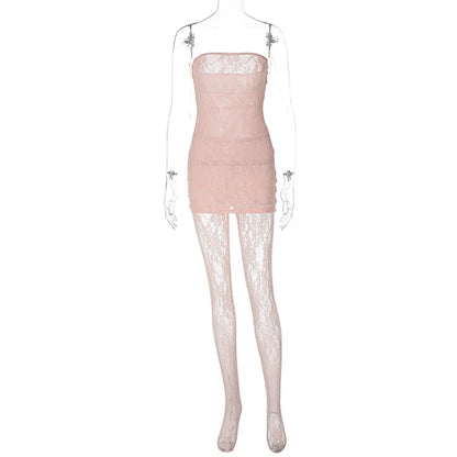 Lace Tights Women’s Outfits Sexy Strapless Wrap Dress 2 Piece Sets Party Nightwear Leggings See-Through Sheer Lingerie
