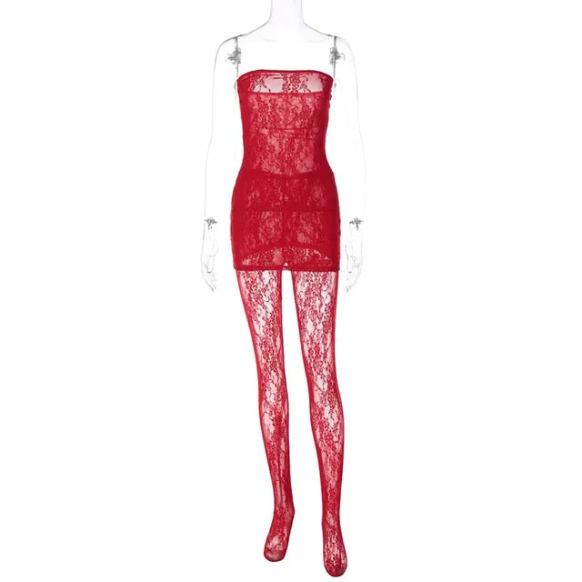 Lace Tights Women’s Outfits Sexy Strapless Wrap Dress 2 Piece Sets Party Nightwear Leggings See-Through Sheer Lingerie