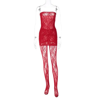 Lace Tights Women’s Outfits Sexy Strapless Wrap Dress 2 Piece Sets Party Nightwear Leggings See-Through Sheer Lingerie