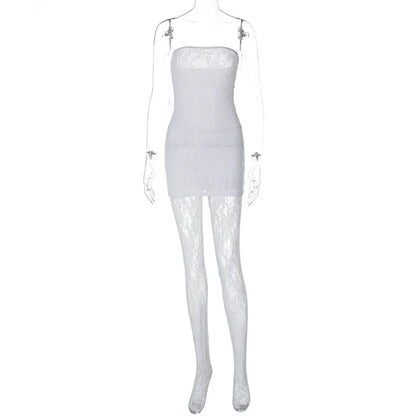 Lace Tights Women’s Outfits Sexy Strapless Wrap Dress 2 Piece Sets Party Nightwear Leggings See-Through Sheer Lingerie
