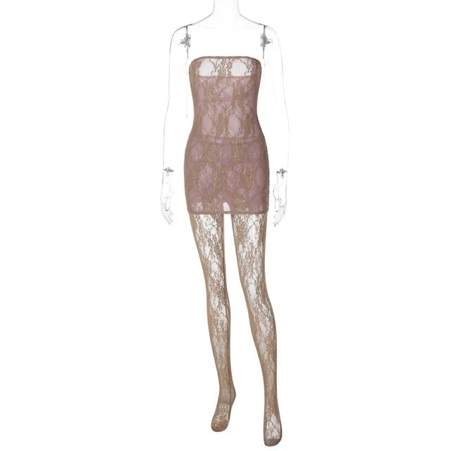 Lace Tights Women’s Outfits Sexy Strapless Wrap Dress 2 Piece Sets Party Nightwear Leggings See-Through Sheer Lingerie