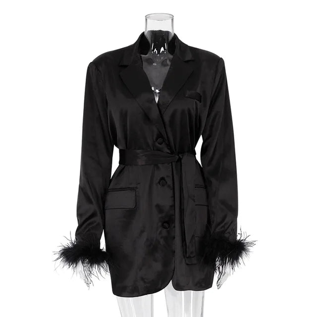 Lace Up Blazer Dress For Women Feather Splice Black Long Sleeve Fashion Dresses Femme Party Temperament Vestido Ladies
