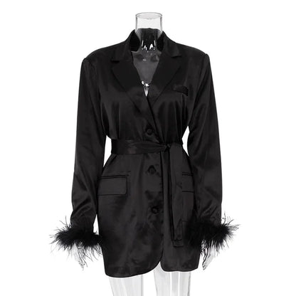 Lace Up Blazer Dress For Women Feather Splice Black Long Sleeve Fashion Dresses Femme Party Temperament Vestido Ladies