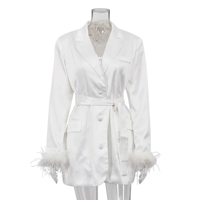 Lace Up Blazer Dress For Women Feather Splice Black Long Sleeve Fashion Dresses Femme Party Temperament Vestido Ladies