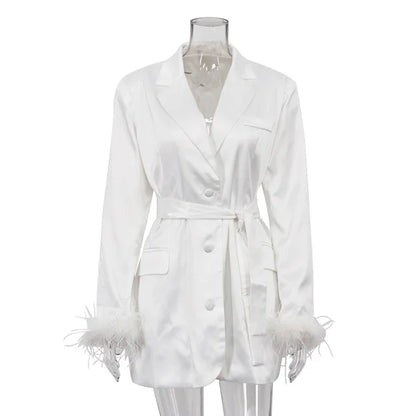 Lace Up Blazer Dress For Women Feather Splice Black Long Sleeve Fashion Dresses Femme Party Temperament Vestido Ladies