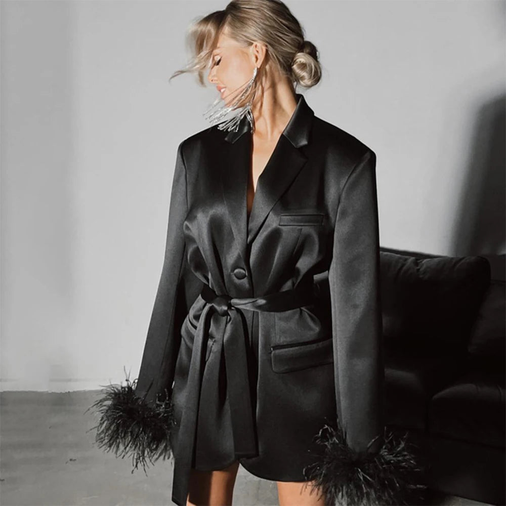 Lace Up Blazer Dress For Women Feather Splice Black Long Sleeve Fashion Dresses Femme Party Temperament Vestido Ladies