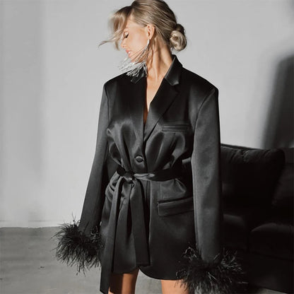 Lace Up Blazer Dress For Women Feather Splice Black Long Sleeve Fashion Dresses Femme Party Temperament Vestido Ladies