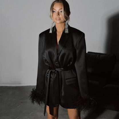 Lace Up Blazer Dress For Women Feather Splice Black Long Sleeve Fashion Dresses Femme Party Temperament Vestido Ladies