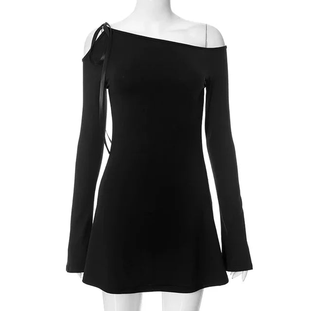 Vestido mini con cordones para mujer, sexy, con hombros descubiertos, ajustado, de manga larga, para fiesta, con volantes, ajustado, elegante.