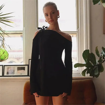 Vestido mini con cordones para mujer, sexy, con hombros descubiertos, ajustado, de manga larga, para fiesta, con volantes, ajustado, elegante.