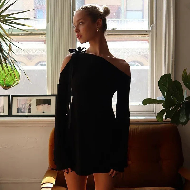 Vestido mini con cordones para mujer, sexy, con hombros descubiertos, ajustado, de manga larga, para fiesta, con volantes, ajustado, elegante.