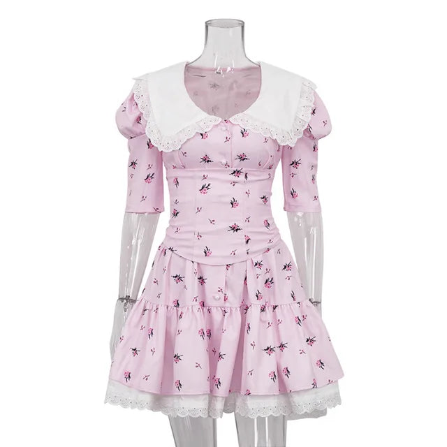 Vestido floral ajustado con cordones para mujer, elegante vestido de lujo con encaje, cuello vuelto, manga corta, pliegues, vestido de fiesta retro para mujer