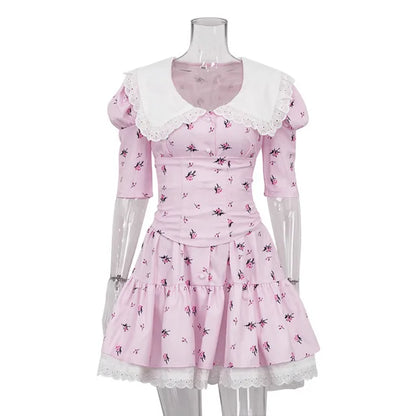 Vestido floral ajustado con cordones para mujer, elegante vestido de lujo con encaje, cuello vuelto, manga corta, pliegues, vestido de fiesta retro para mujer