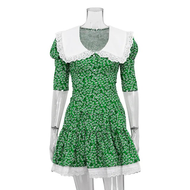 Vestido floral ajustado con cordones para mujer, elegante vestido de lujo con encaje, cuello vuelto, manga corta, pliegues, vestido de fiesta retro para mujer
