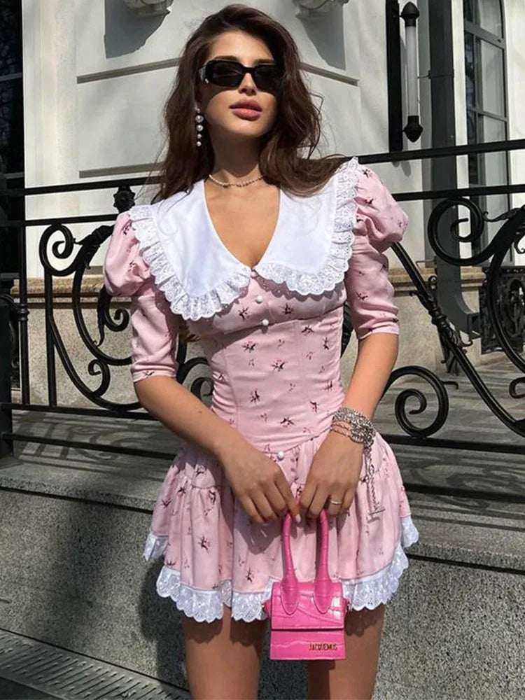 Vestido floral ajustado con cordones para mujer, elegante vestido de lujo con encaje, cuello vuelto, manga corta, pliegues, vestido de fiesta retro para mujer