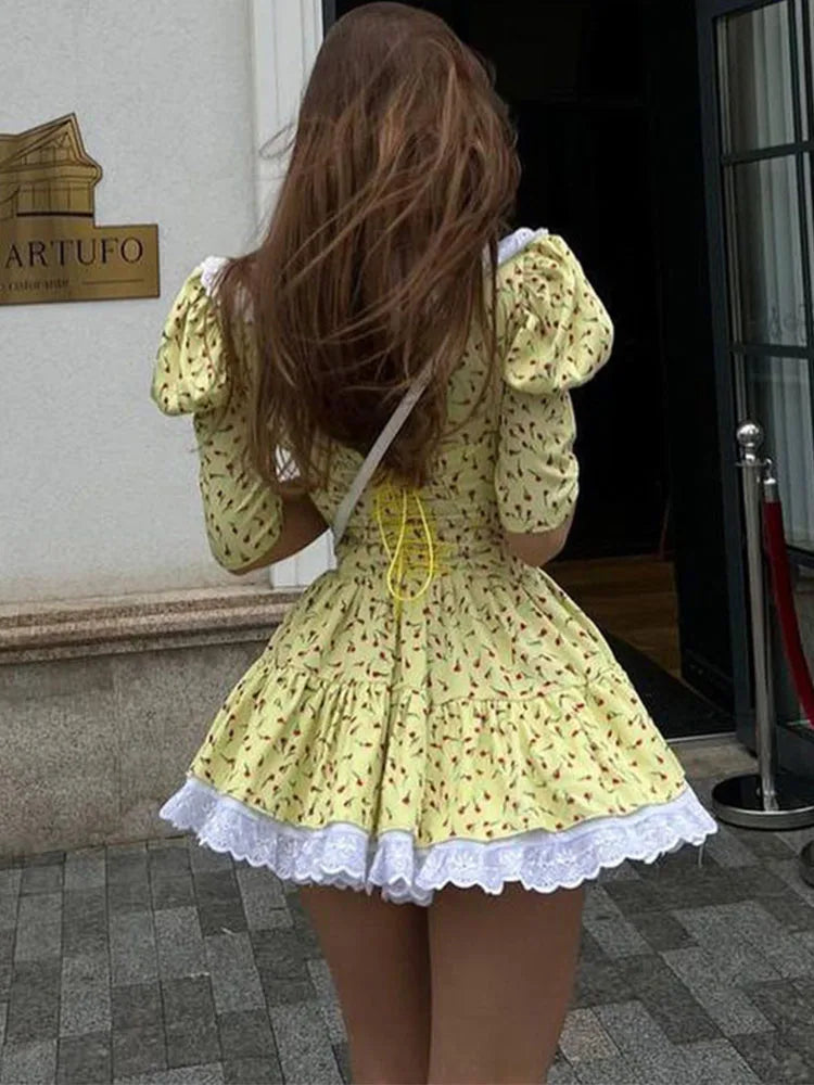 Vestido floral ajustado con cordones para mujer, elegante vestido de lujo con encaje, cuello vuelto, manga corta, pliegues, vestido de fiesta retro para mujer