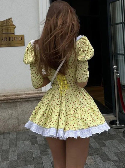 Vestido floral ajustado con cordones para mujer, elegante vestido de lujo con encaje, cuello vuelto, manga corta, pliegues, vestido de fiesta retro para mujer