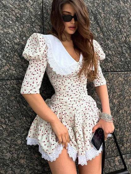 Vestido floral ajustado con cordones para mujer, elegante vestido de lujo con encaje, cuello vuelto, manga corta, pliegues, vestido de fiesta retro para mujer