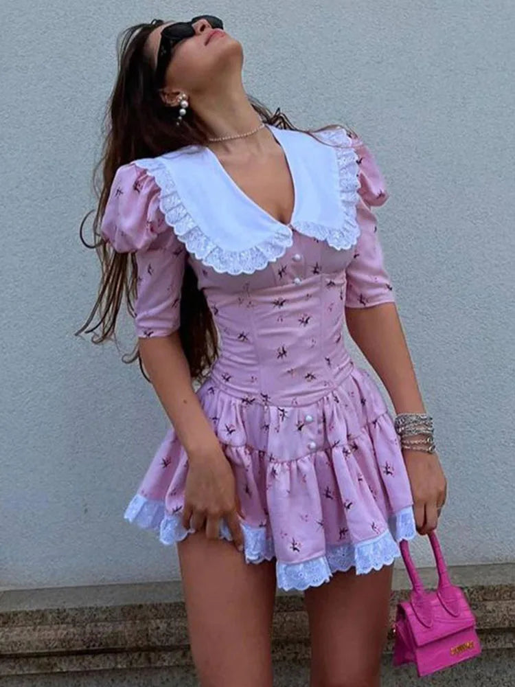 Vestido floral ajustado con cordones para mujer, elegante vestido de lujo con encaje, cuello vuelto, manga corta, pliegues, vestido de fiesta retro para mujer