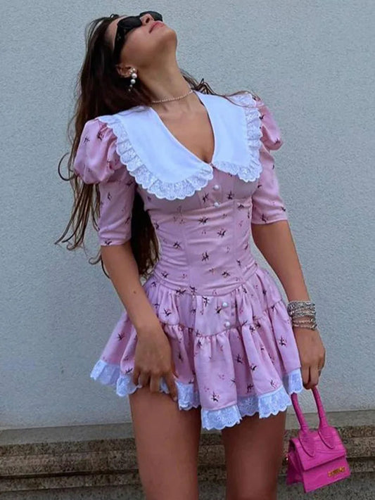 Lace-up Slim Floral Dress Women Elegant Luxury Lace Turn Collar Short Sleeve Folds Dresses Femme Party Retro Dress Lady